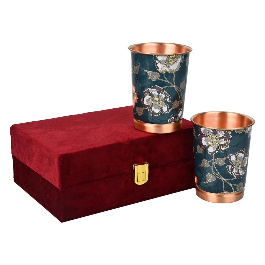 India Copper Premium Green Gold Leaf Design Set of Two Glass with Elegant Gift Box, 250 ML
