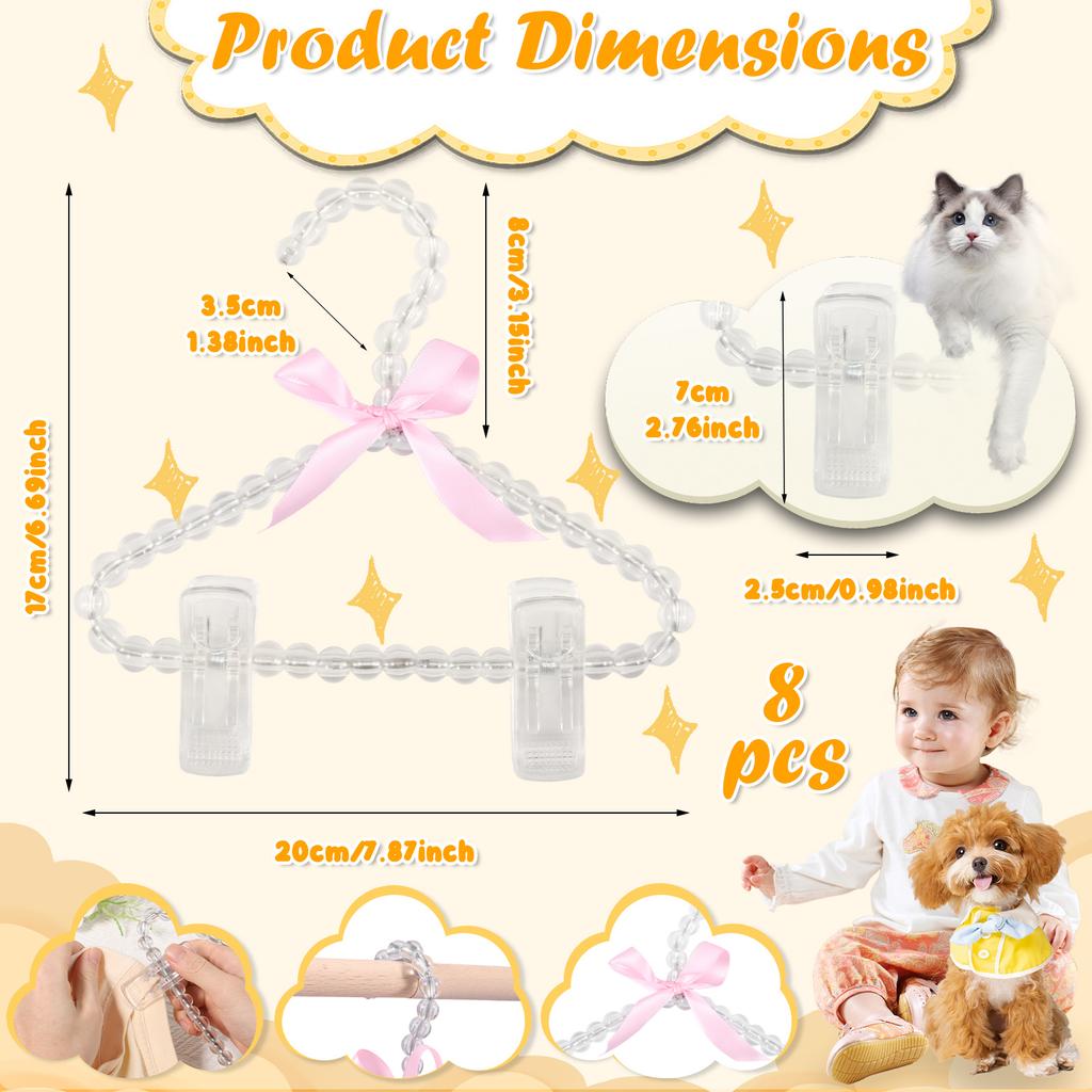 8Pcs Pearl Hanger with Clip Bow Tie Beads Kids Clothes Hanger Dress Wardrobe Closet Storage Dry Rack for Toddler Baby Girl Boy