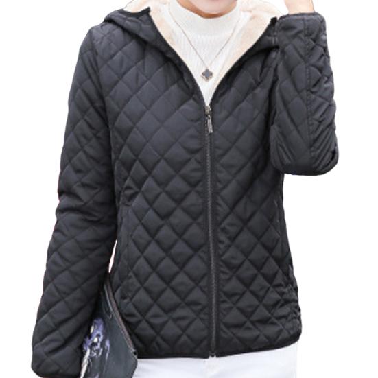 Women Autumn Winter Check Pockets Parka Jacket Plush Liner Hooded Outerwear Coat