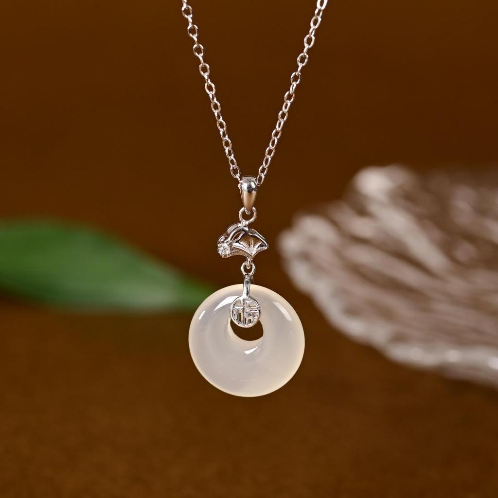 S925 Sterling Silver Peace Buckle Necklace with Natural Chalcedony - New Chinese Style Luxury Clavicle Chain X131
