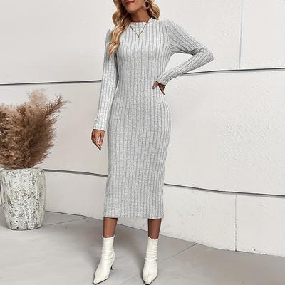 Women Spring Autumn Commuter Style Round Collar Long Sleeve Bodycon Casual Solid Color Knitted Package Hip Dress