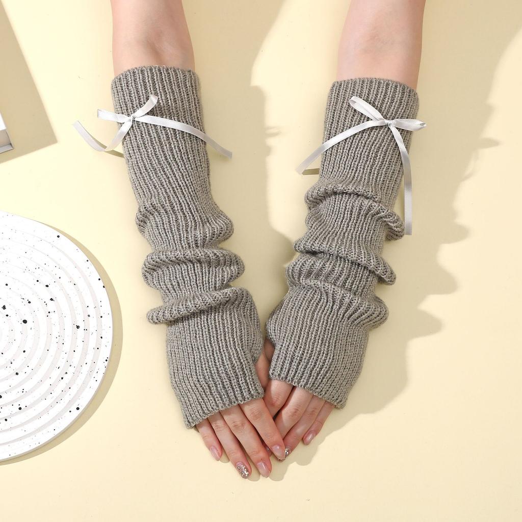 Fine Lined Bow Knot Fingerless Pile Gloves for Women In Autumn and Winter College Style Sleeves Knitted Warm Fake Sleeves
