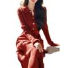 Elegant Thickened Red Knit Lapel Dress for Winter, Ideal for Pear-Shaped Figures, Red Tea Style, Layered Under Coats