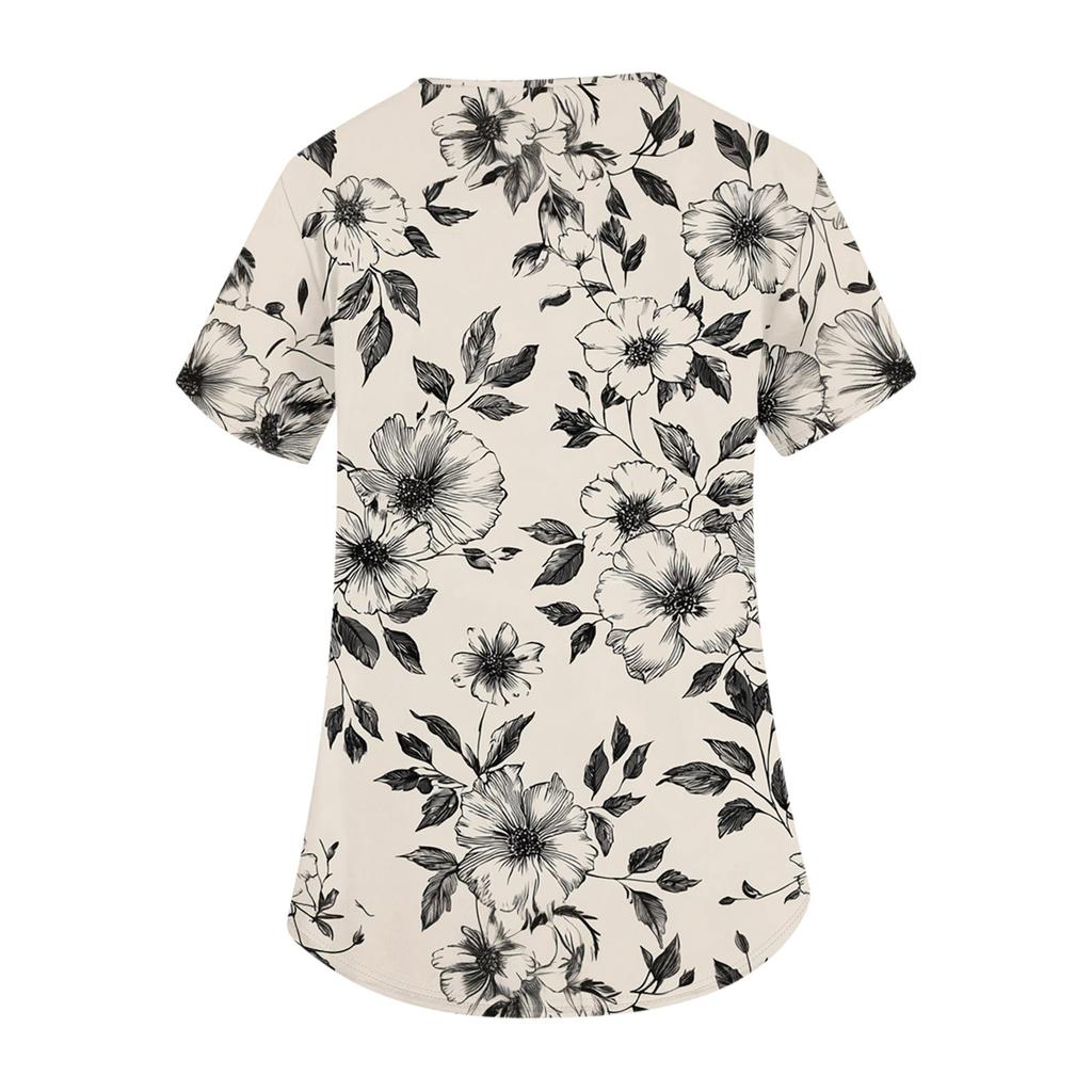 Women's Fashionable V,neck Short,Sleeved Work Top With Double Side Slits And Pockets, Featuring A Retro Floral Print.