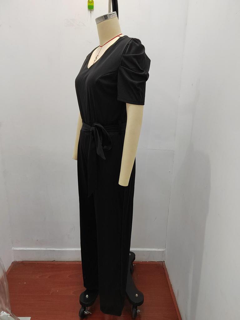 2024 Sommer Damen Eleganter Jumpsuit mit Bindegürtel und V-Ausschnitt, Kurzarm, Weiter Bein