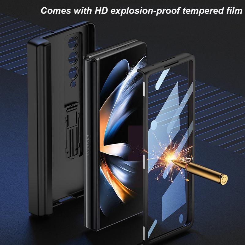 Fold Pen Holder Hinge Case for Samsung Galaxy Z Fold 4 5G Bracket Stand Case Hard PC Cover Glass Film