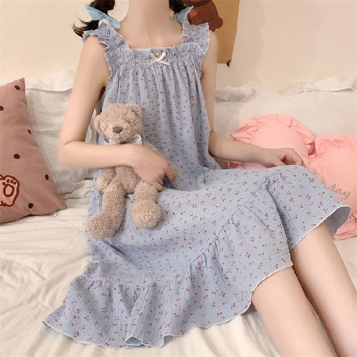 

Bubble wrinkled pajamas women s pajamas short sleeves Korean version loose Korean version cute girl heart suspender loungewear 160(M)