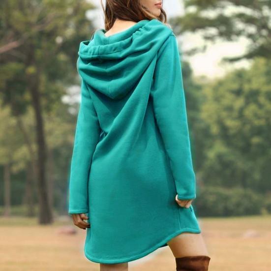 Long Hoodie Solid Color Drawstring Autumn Winter Large Pocket Irregular Hem Hooded Dress for Daily Wear