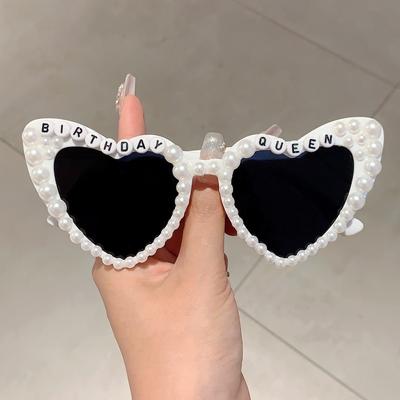 Birthday Queen Letters Pink Shades Heart Shaped Decor Present Glasses White Pearl Party Gift Props Frame for Ladies