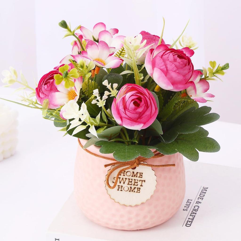Artificial Rose Flower Plant with Pot (Pink, 6.6 Inch) Home Décor Items for Living Room Balcony Kitchen Bedroom Office Table Top Decoration