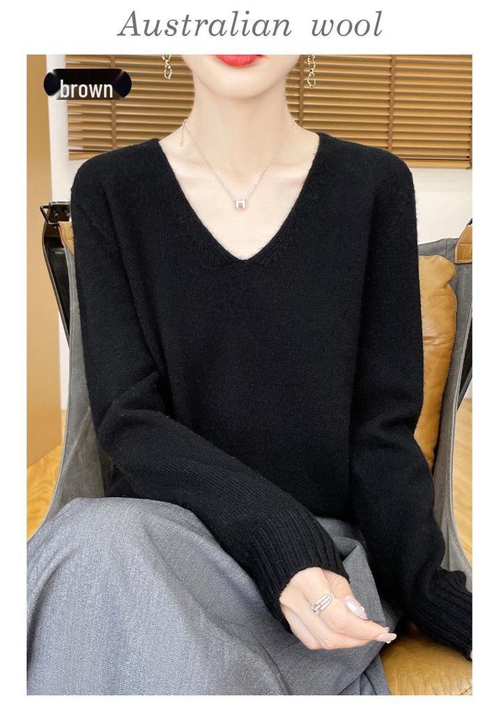 Women's V-Neck Thickened Wool Knit Sweater – 100% Pure Loose Fit
