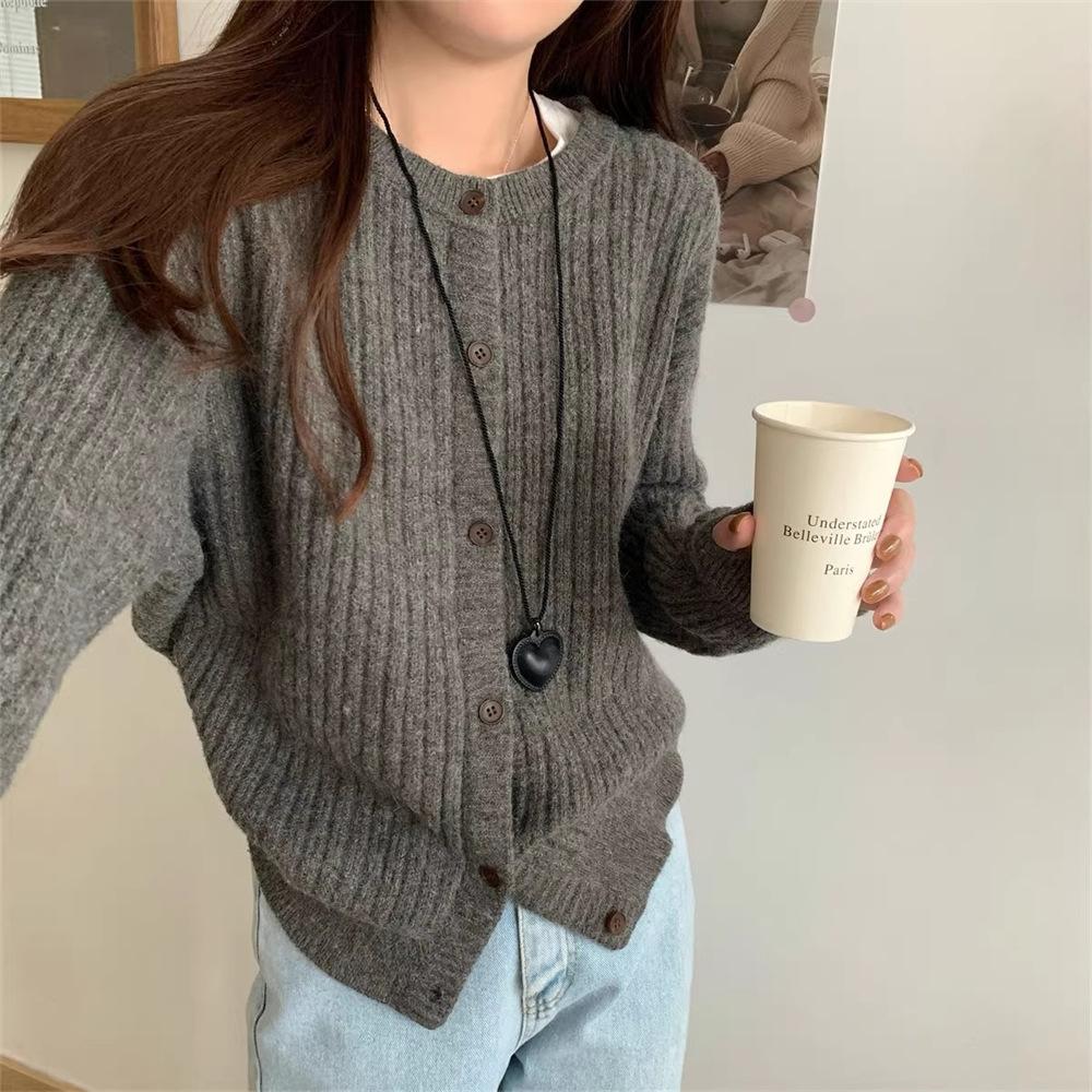The New Autumn and Winter Style of The Striped Round-neck Sweater Coat Is A Loose and Versatile Short Knitted Cardigan with A Laid-back Vibe for Women