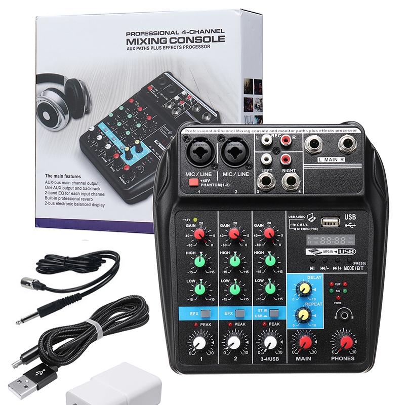 Portable 4 Channels Audio Audio Mixer A4 Sound Mixing Console Bluetooth Record 48V Phantom Powe EffectsMixer with USB New