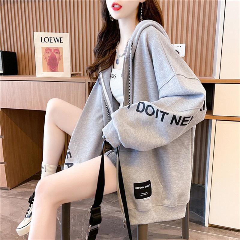 

2025 Autumn/Winter Women s Fleece-Lined Hooded Sweatshirt - Thin Korean Style, Loose Fit, Letter Print, Long Sleeve Cardigan Jacket Small