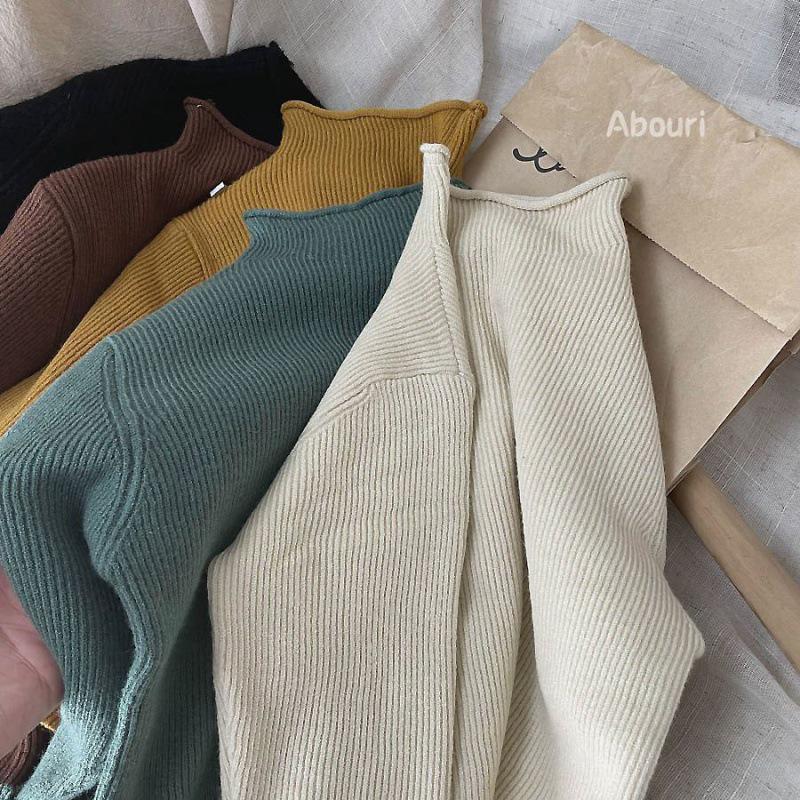Ready Stock: Korean Kids' Half-High Collar Solid Color Knitted Pullover for Boys & Girls - Spring/Autumn