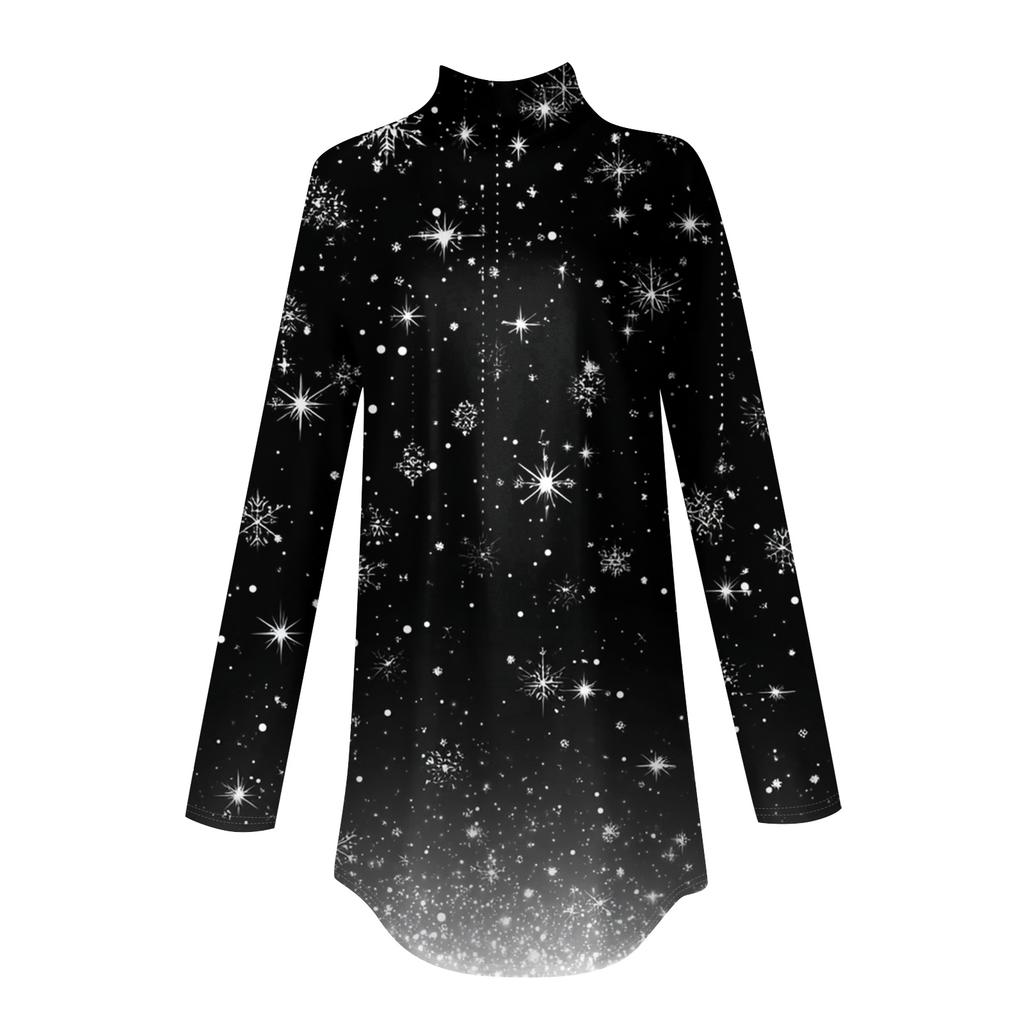 Women's Fashionable Loose-Fit High-Neck T-Shirt With Christmas Print Long-Sleeved Top