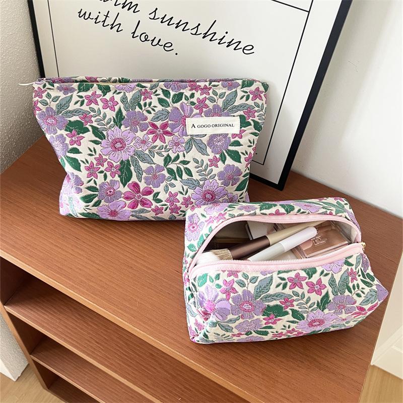Portable Purple Flower Fabric Cosmetic Bag Makeup Pouch Organizer