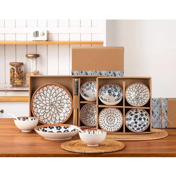 Japanese Ramen Bowls And Spoons Set With Chopsticks - Small Bowls For Pho, Rice Or Soup And Noodles - 14 Piece Set (Bowl H 4B+4S+4C+2P)