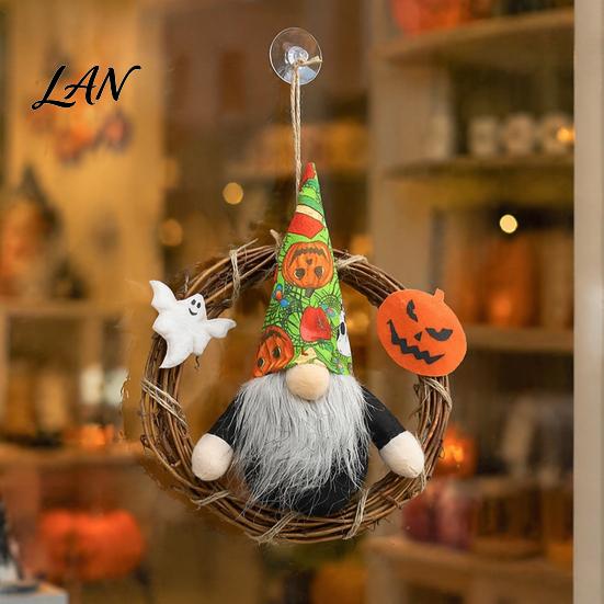 Rustic Halloween Decor Gnome Wreath, Faceless Rattan Hanging Decoration Handmade Wreath with Pumpkin Ghost for Front Door Wall Holiday Party
