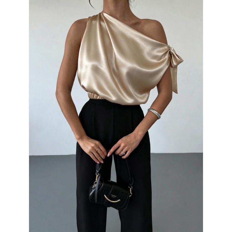 Women One Shoulder Satin Blouse With Bow Detail Elegant Sleeveless Party Tops
