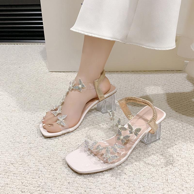Rhinestone Women's Sandals 2025 Summer Fashion Versatile Outdoor High-heeled Women's Shoes Elegant Large Size Formal Women Shoes
