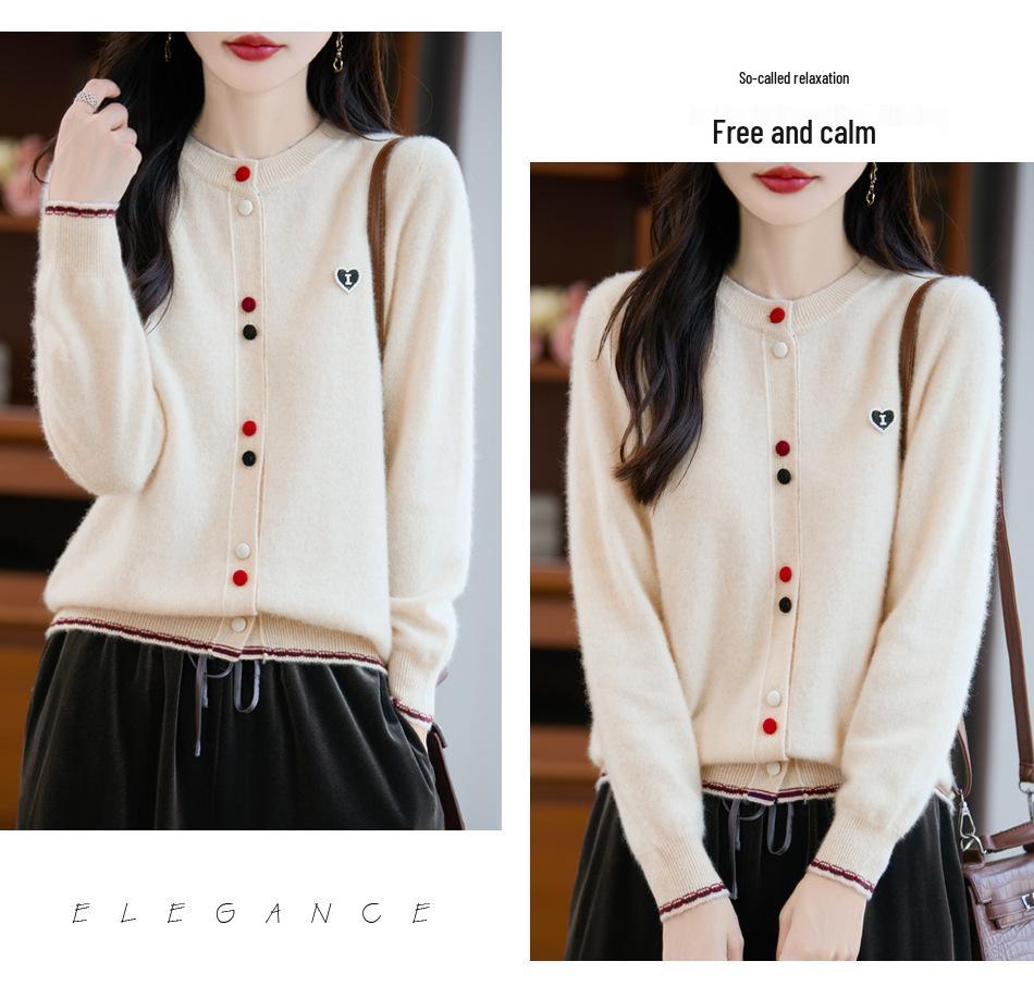 Women's Loose Round Neck Wool Cardigan with Colorful Buttons