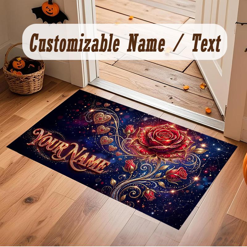 Floral Garden Theme Soft Crystal Velvet Rug Custom Name & Text Print Non Slip Floor Rug for Bedroom Living Room