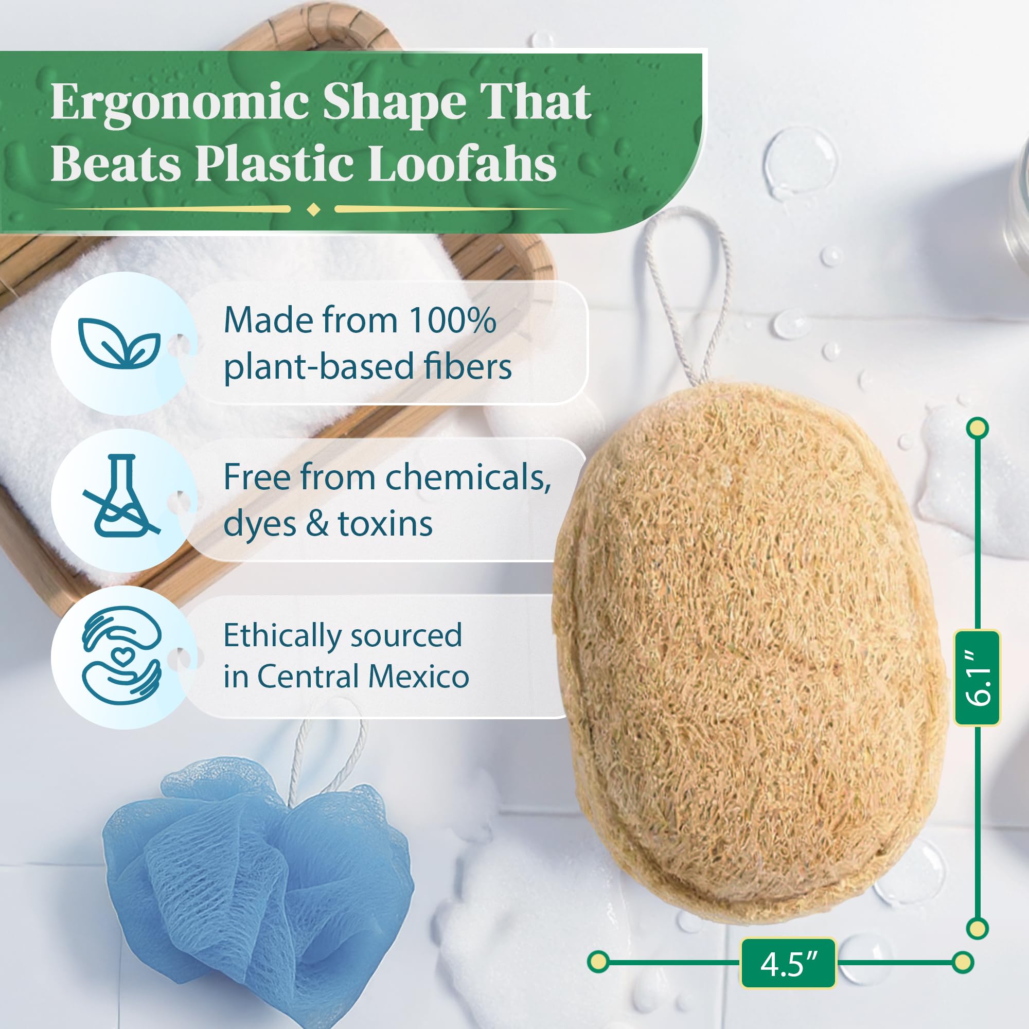Bmboo 100% Natural Loofah Exfoliating Sponge (4 Pack) - Body Scrubber, Organic, Biodegradable Bath Luffa Pad