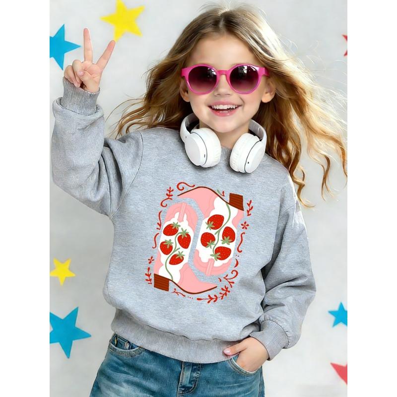 European sizes Cute Strawberry Print Pattern Kids' Lightweight Crew Neck Sweatshirt, Comfortable Outdoor Wear Choice for Children Aged 0-3 Years
