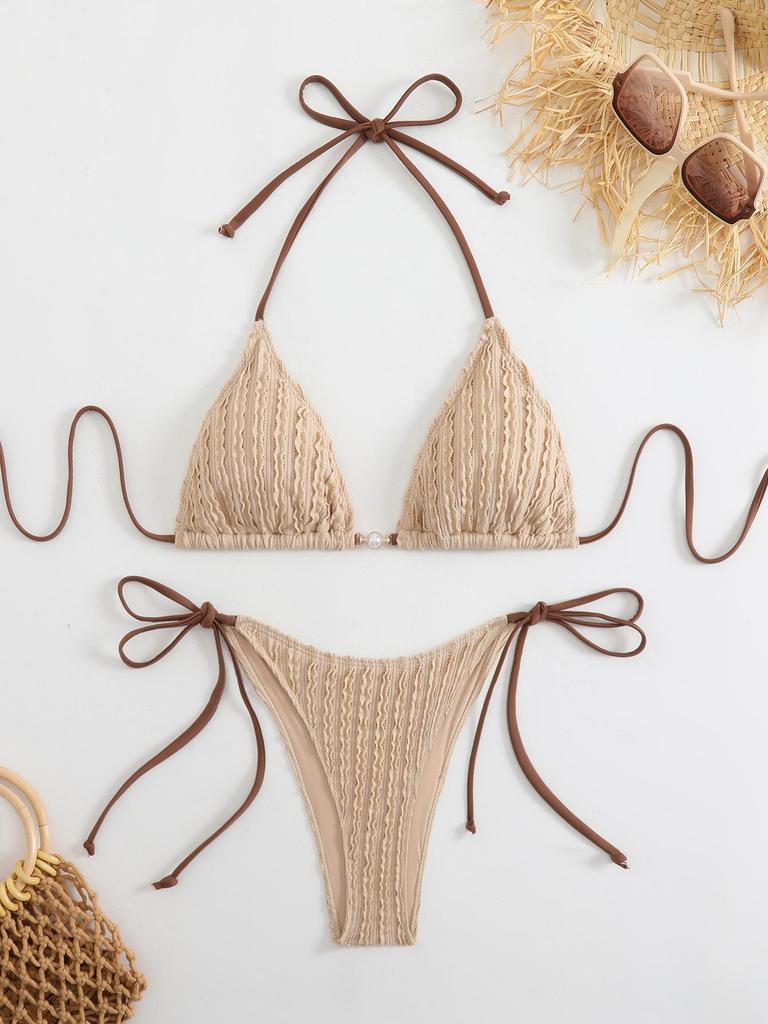 2025 Solid Color Strappy Bikini - Backless & Stylish Two-Piece Swimsuit