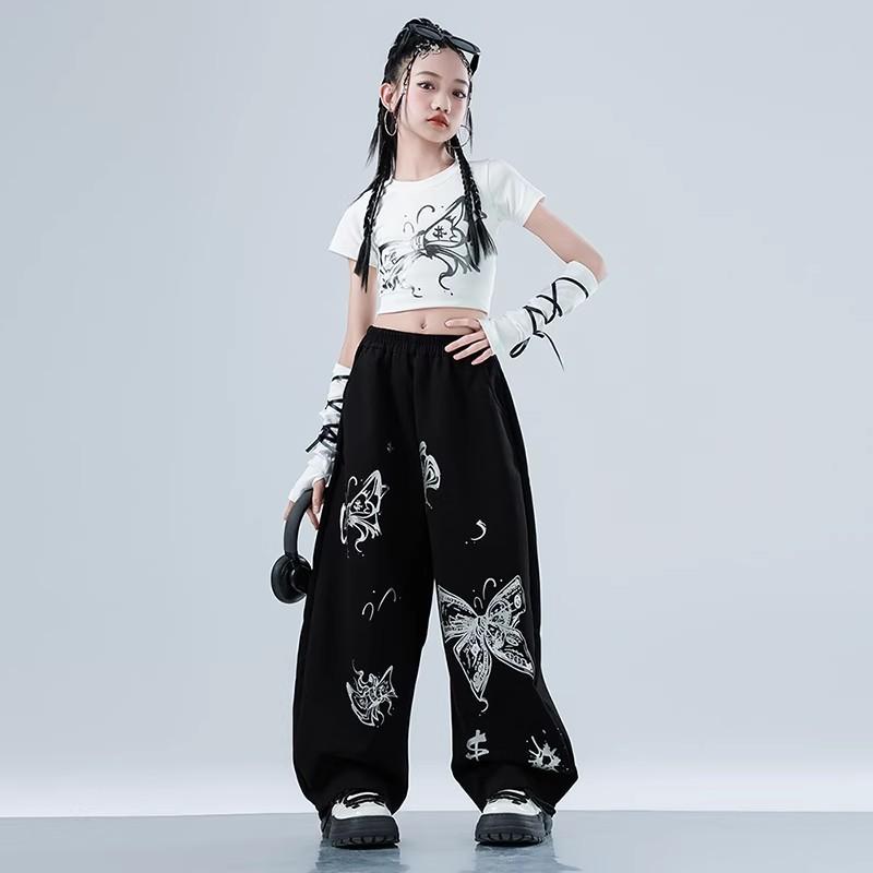 Summer Girls Jazz Dance Costume Trendy Crop Top Short Sleeve High Waist Pants Set For Stage Performance