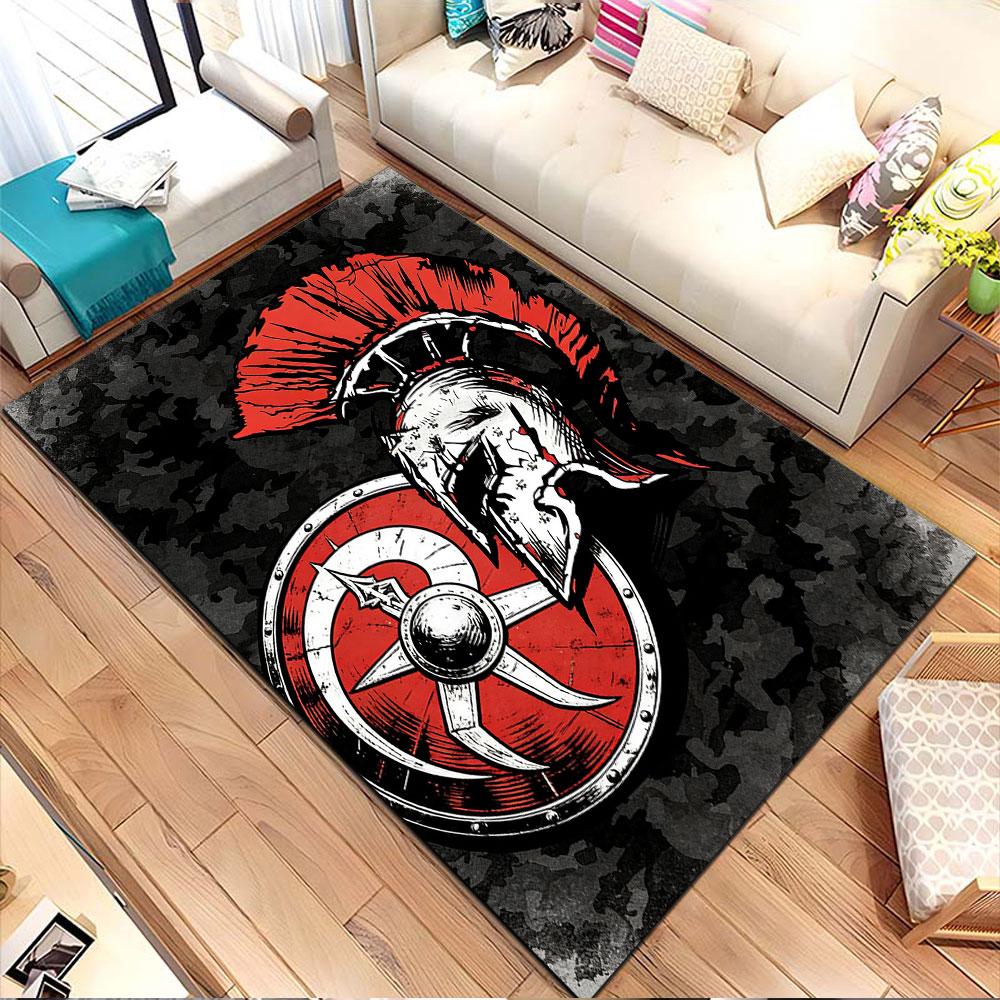 Spartan Warrior Helmet and Shield Art Patterned Carpet, Non Slip Mat Suitable for Living Room and Bedroom Sofas