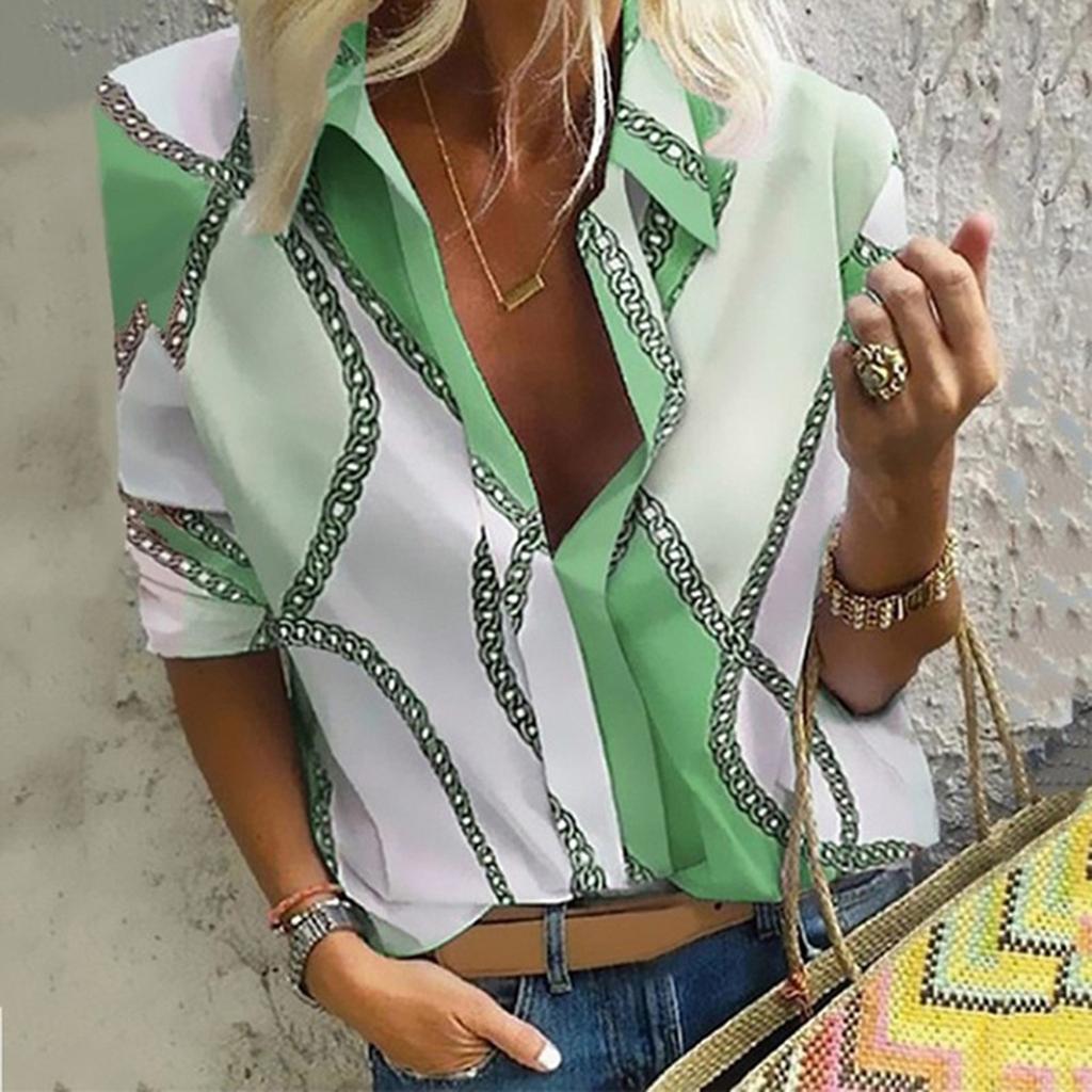 Women's Casual Fashion Loose Print Lapel Pullover Long Sleeve Shirt Tops