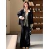 Korean Fashion Denim Blazer Wide Leg Pants Two Piece Set Women Spring Autumn Office Suit