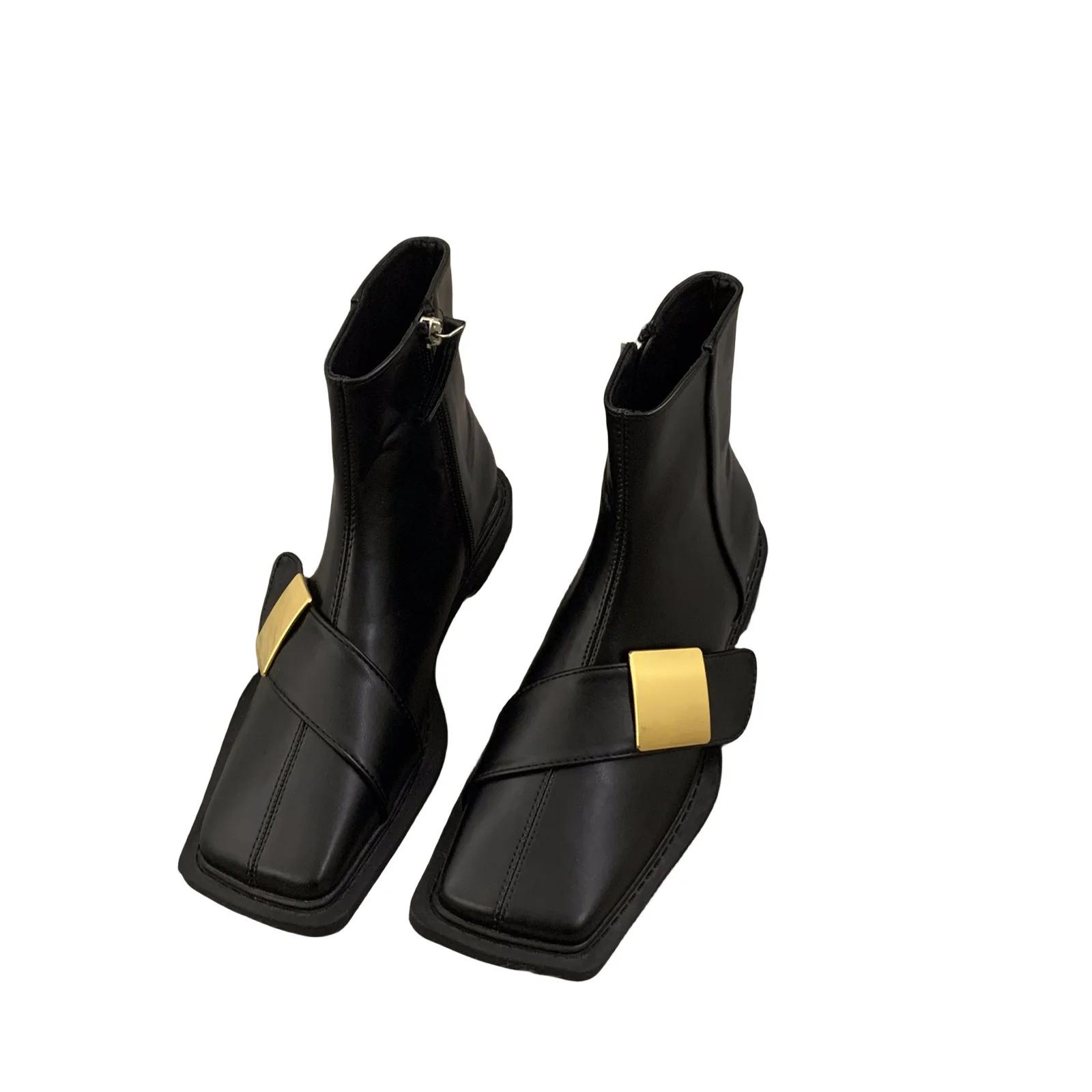 Модные черные женские ботинки с плоским дном и квадратным носком в британском стиле — фото 6