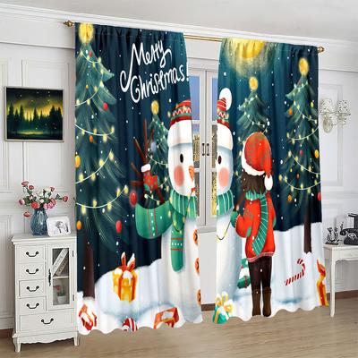 2 Pieces of Christmas Snowman Tree Printing Curtain - Polyester Material - Suitable for Bedroom Living Room Study Room Anti