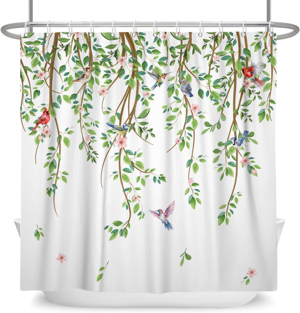 Spring Shower Curtain Green Leaves Birds Shower Curtains Vine Branch Hummingbird Cardinal Shower Curtain Sets for Bathroom