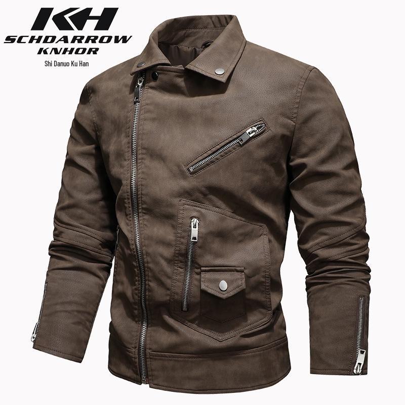 

Мужская куртка из искусственной свиной кожи PU с асимметричной молнией и большими лацканами - европейский/корейский модный стиль European size M коричневый