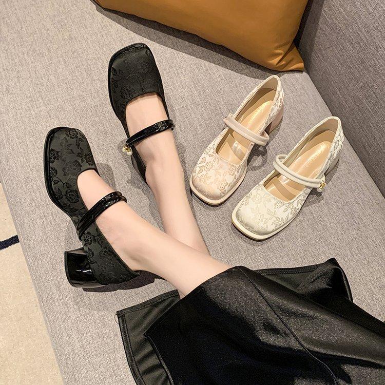 Dadong Mary Jane Shoes Women's Shoes 2025 Spring New Elegant Thick High Heel One-word Button Square Head New Chinese Single Shoes Women