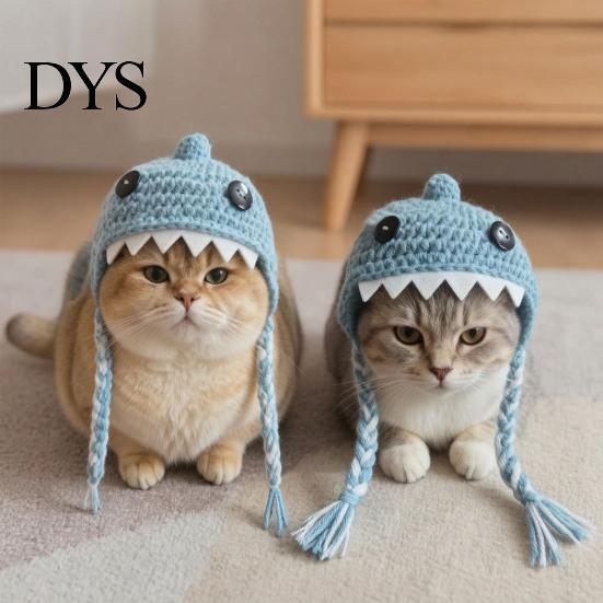 Pet Photography Props Funny Shark Cat Hat, Crocheted Hat with Braided Comfortable Festival Outfit Straps, Soft Cute Knitted for Cats Small Dogs