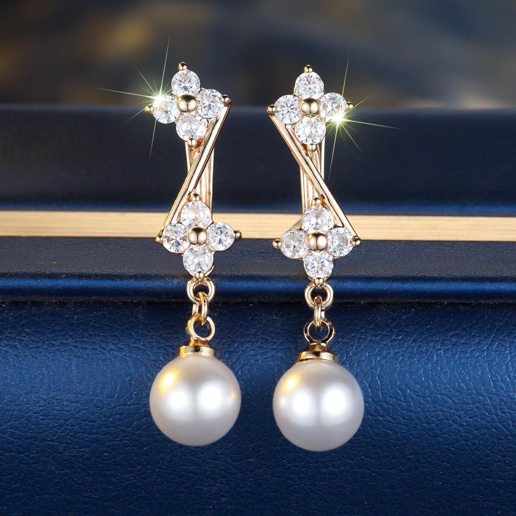 White Pearl Zircon Stone Flower Hoop Earrings Luxury Female Gold Color Wedding Jewelry For Women