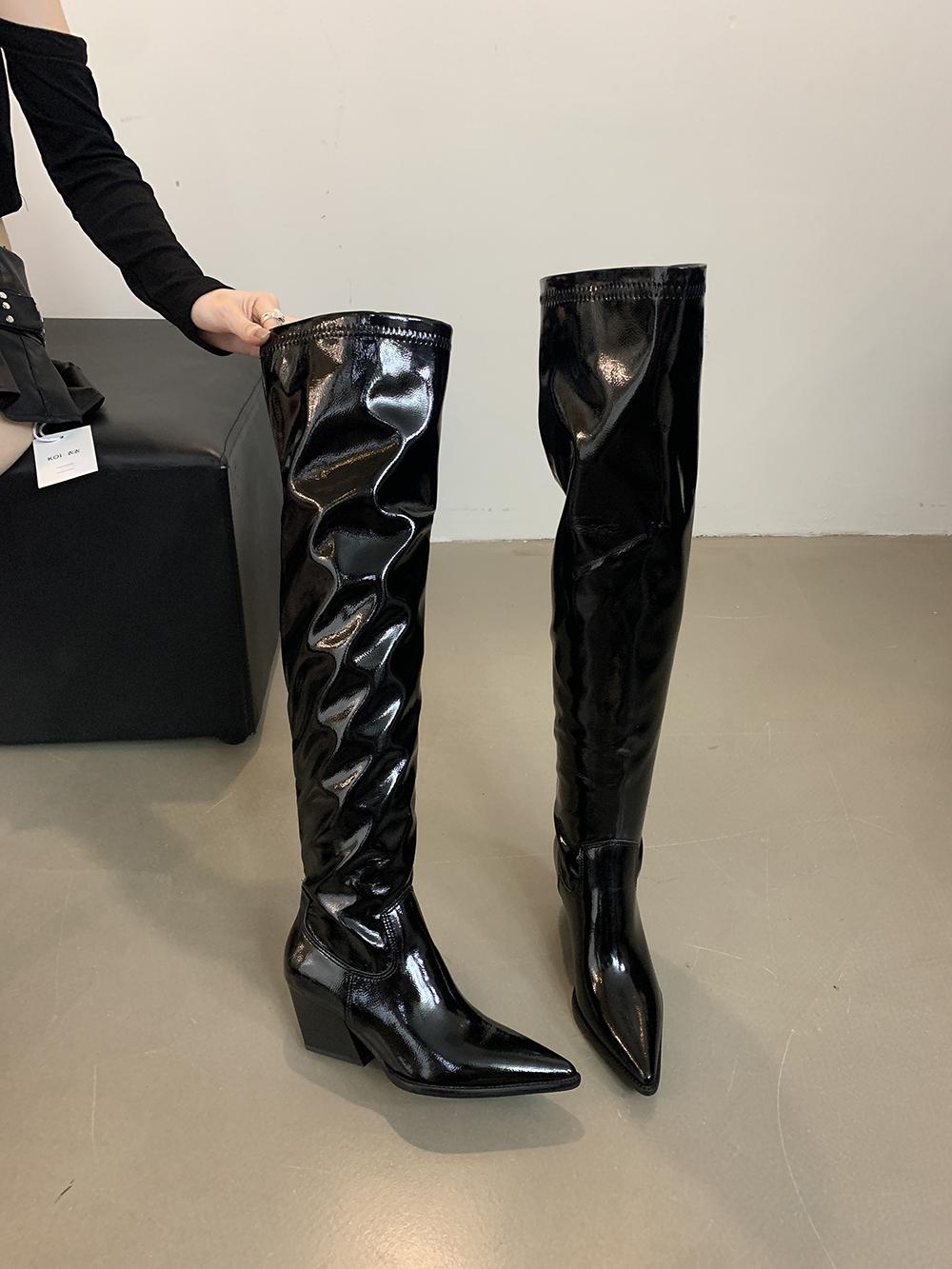 

мода Женские сапоги выше колена Остроносые сапоги-носки на толстом каблуке Ботинки-лодочки для вечеринок Лакированные кожаные зимние сапоги для платья 5.5