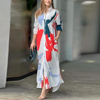 Mode Elegant Langarm Druck Langhemdkleid Lässig Locker Schlitz Revers Büro A-Linie Partykleider Taschen Frühling Herbst Einfache Kleidung