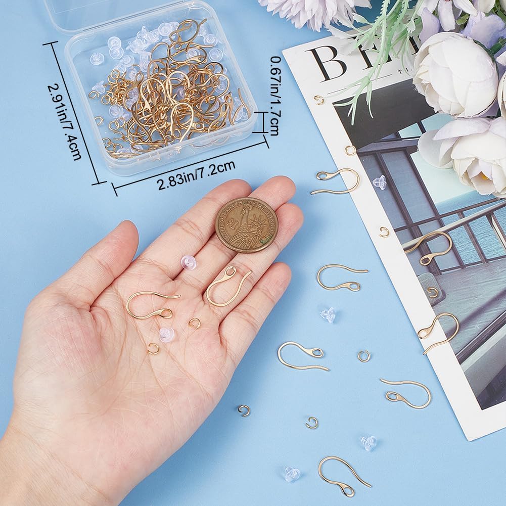 Beebeecraft 1 Box 50Pcs Ear Wires 18K Gold Plated Brass French Earring Hooks with 50Pcs Open Jump Rings and 50Pcs Ear Nuts for Earrings Jewelry