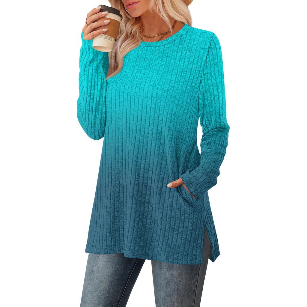 Women's Gradient Printed Round-neck Long-sleeved Top With Pockets And Side Slits