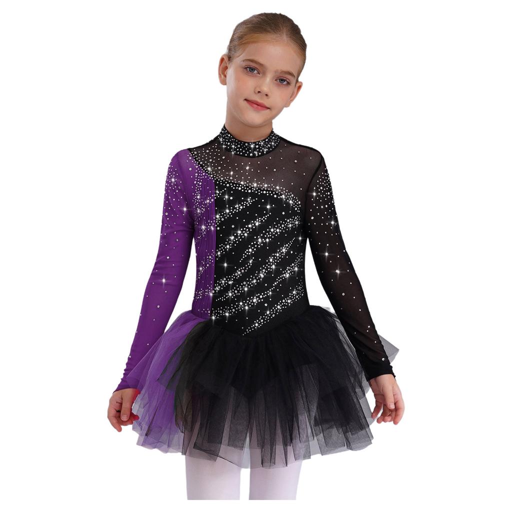 Girls Figure Skating Dress Long Sleeve Sparkling Rhinestones Color Block Patchwork Stage Performance Costume