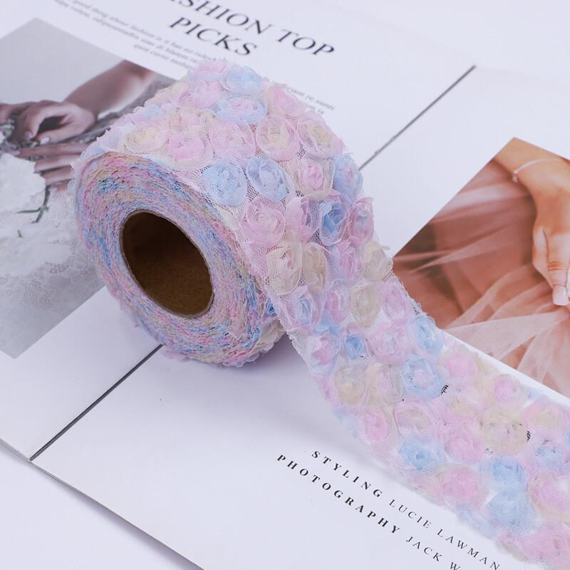 5Yards 3D Rose Flower Embroidered Lace Trim Ribbon Fabric DIY Clothing Accessorie Hand Sewn Wedding Headdress Bow