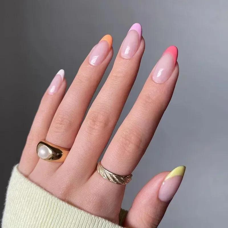24Pcs French Green Short Almond Fake Nails With Wave Line Design Round Head Press On Nail Tips