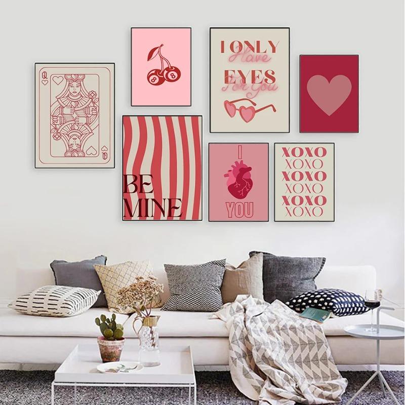 Valentýnský pár Láska Plakát Růžová Série Nástěnná malba Láska Třešeň Abeceda Moderní Tisk Obývací pokoj Ložnice Dekorace Plakát