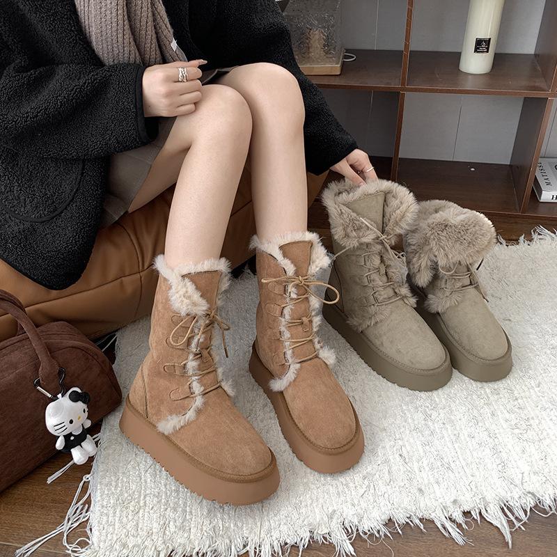 Fashion khaki platform versatile tall snow boots women's 2025 autumn and winter new warm and heightening snow boots cotton shoes